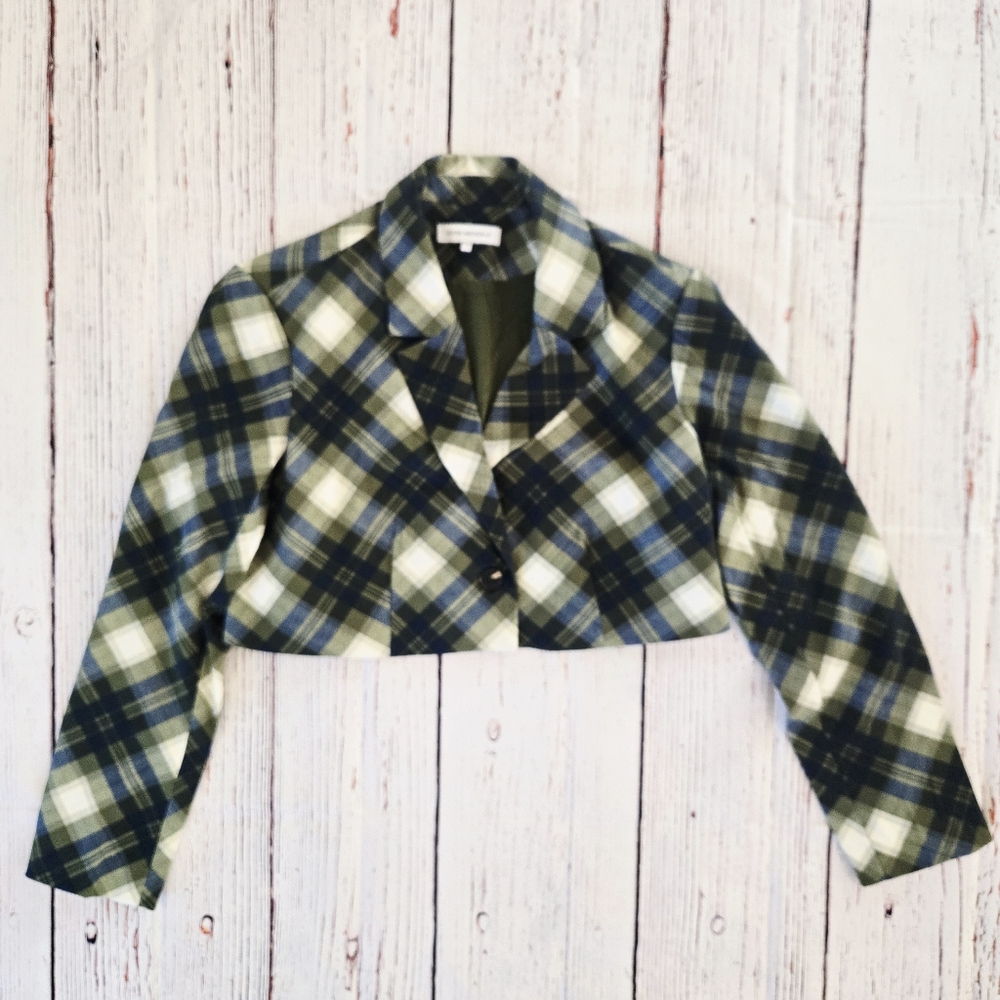 WeWoreWhat Blue and Green Plaid Cropped Boxy Blazer NWT Size XSmall to Small